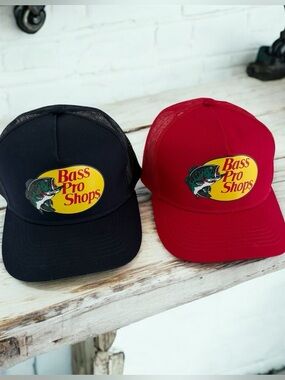 Bass Pro Shops Red and Black Logo Mesh Trucker Hats Set of 2